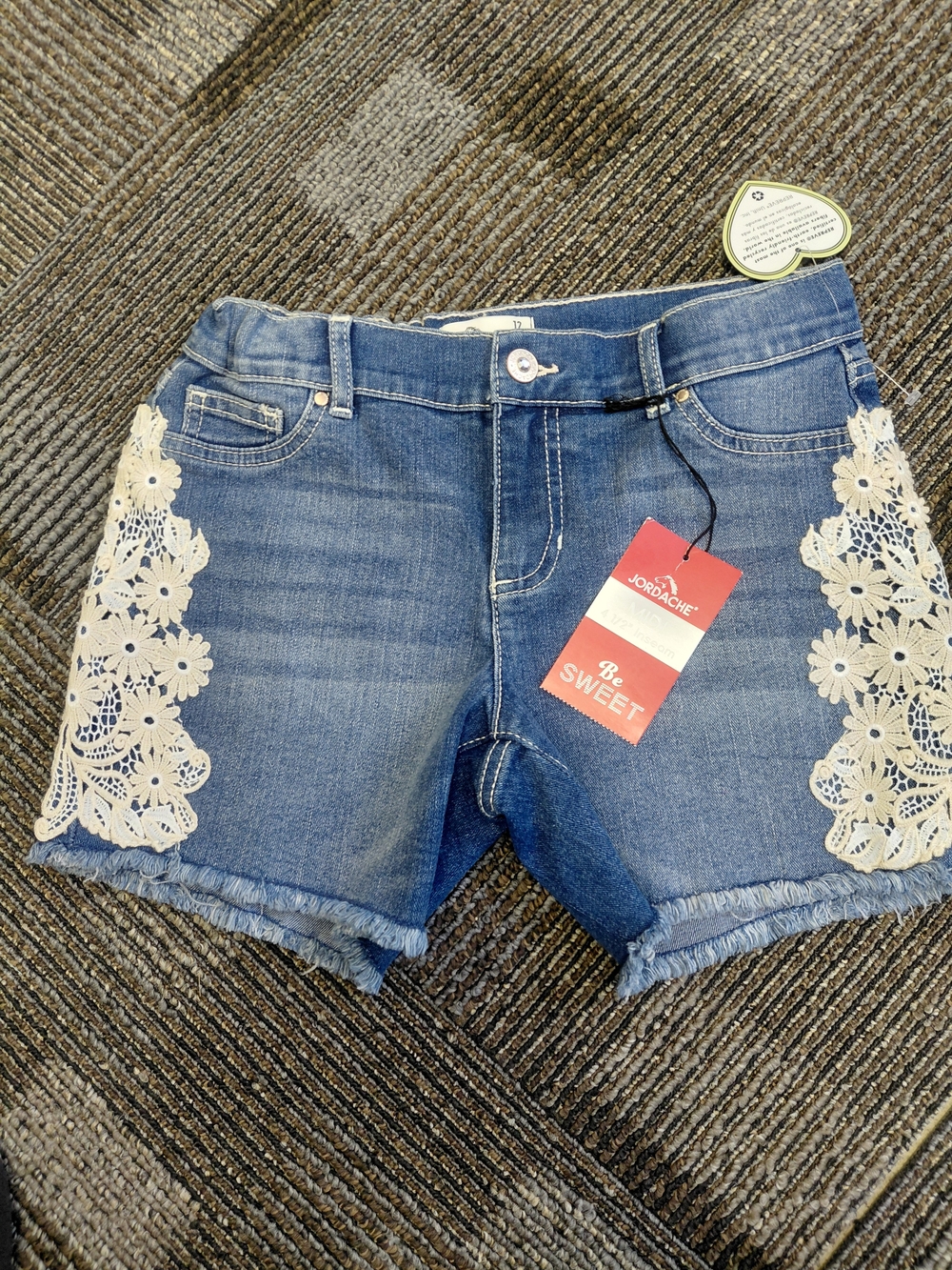 Jordache Blue Denim Shorts with Cream Crochet Side Panels